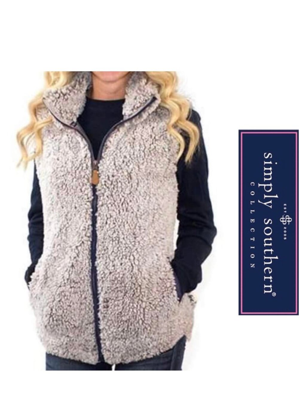 Simply Southern | Gray & Navy Vegan Faux Fur Sherpa Teddy Vest | Size Small
